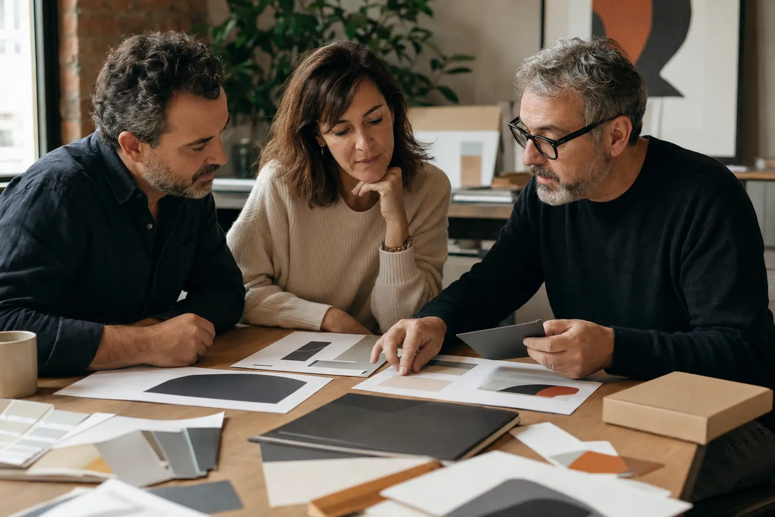 Equipo y cliente trabajando en el desarrollo de una identidad de marca